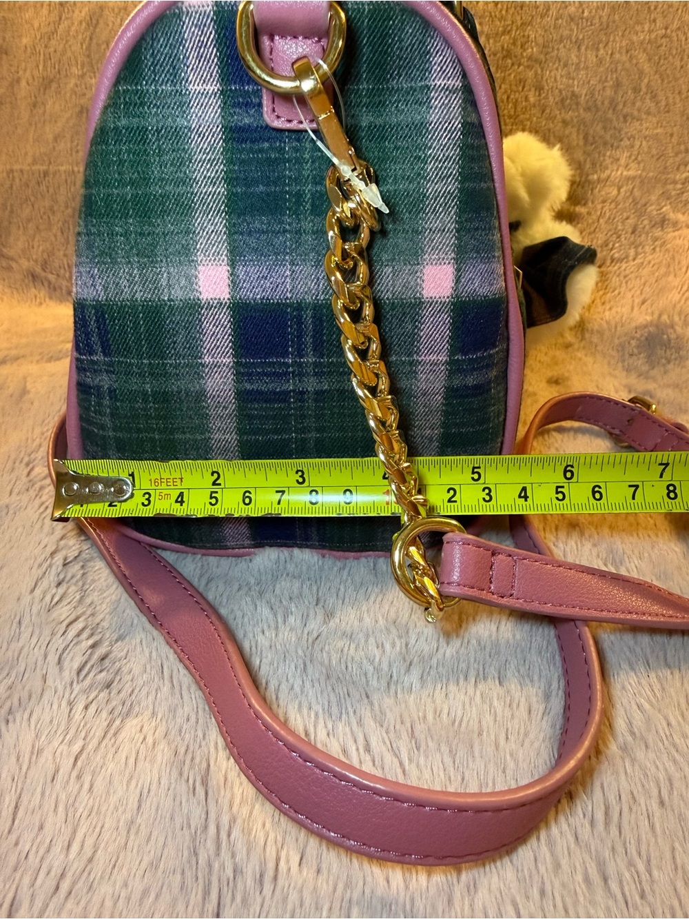 🦩 Juicy Couture Pink Plaid Varsity Satchel Handbag with Plush Charm - Picture 8 of 11